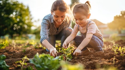 Father and Daughter Gardening Together in Home Vegetable Garden at Sunrise