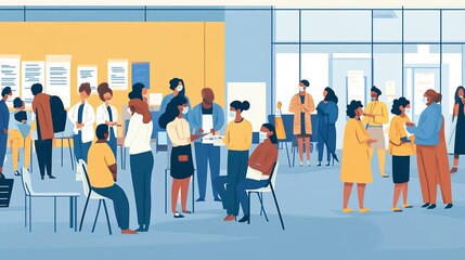 Illustration of a vaccination drive with diverse groups of people receiving vaccines in a community center