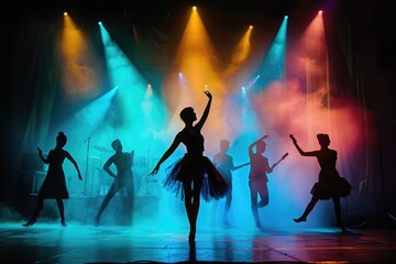 Silhouetted Dance Performance on Vibrant Musical Film Set with Dynamic Backlighting