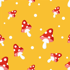 Pattern with fly agaric on a yellow background