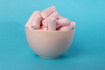 Horizontal Image of a Pink Bowl Filled with Marshmallows