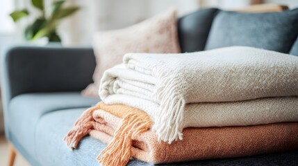 Cozy Home Decor with Stacked Soft Blankets on a Couch