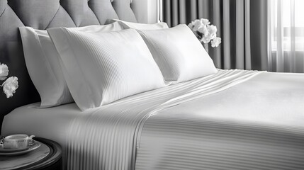 Luxury Hotel Bed with White Striped Bedding and Pillows