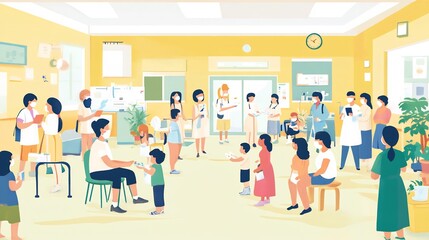 Illustration of a vaccination drive with diverse groups of people receiving vaccines in a community center