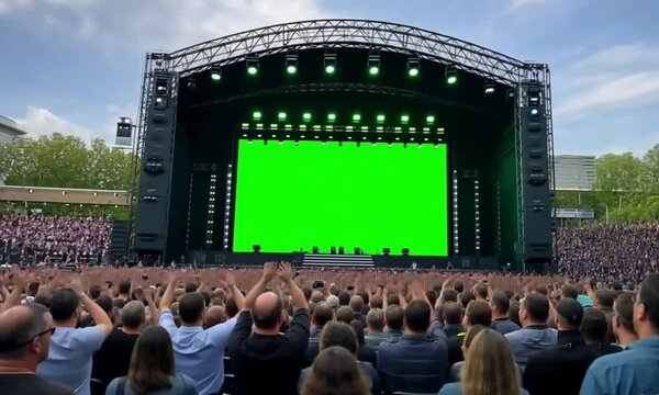 a large green screen on a stage is watched by many people