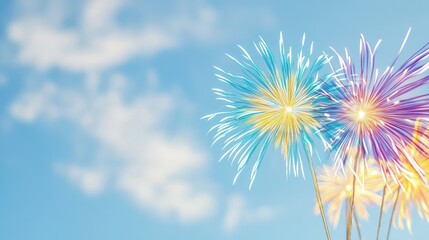 Obraz premium Colorful fireworks bursting against a clear blue sky, creating a vibrant celebration atmosphere filled with joy and excitement.