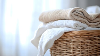 Obraz premium Soft Towels in Wicker Basket Spa Bathroom Laundry Home Decor
