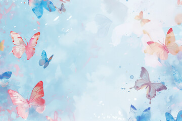 Fototapeta premium Abstract wedding horizontal butterfly background. Pastel light blue backdrop with colorful butterflies. Watercolor hand drawn illustration. Mixed media art collage. Space for text