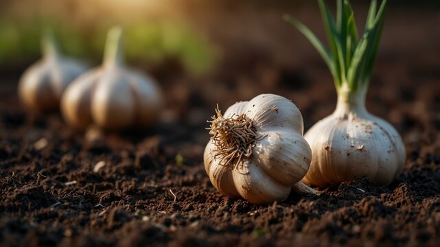 Fresh organic garlic in the soil on the background.