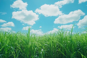Obraz premium Lush Green Grass Field Under a Blue Sky with White Clouds