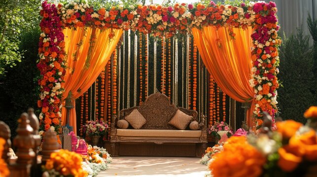 Elaborate Wedding Mandap Decorated With Flowers and Garlands