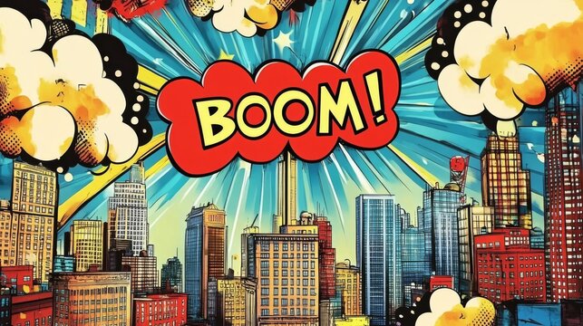 Dynamic Cityscape with Explosive Comic Book Speech Bubbles