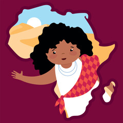 African american girl in the mountains. Vector illustration in flat style