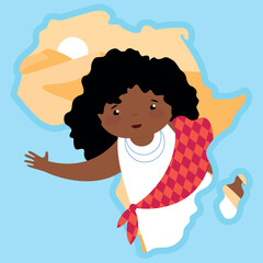 African american girl with scarf and map of Africa. Vector illustration