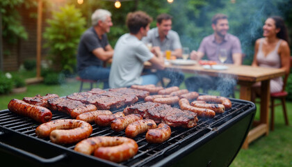 Grilled meats and sausages sizzle on a barbecue as friends enjoy a lively dinner party in a festive patio garden.