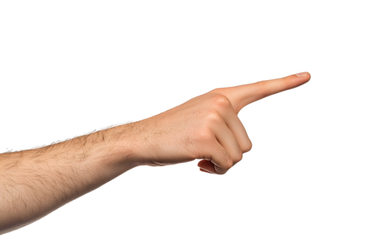 A man's hand points the direction with his finger. Points diagonally to the side. Index finger pressing something. Isolate on a white background.