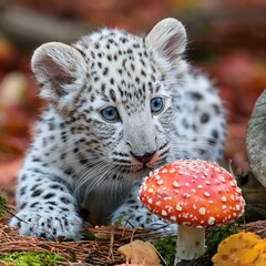 Obraz premium Ein Leopardenbaby vor einem Fliegenpilz