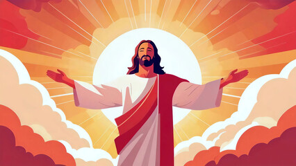 Jesus Christ on the sky background symbolizing ascension, resurrection, and transfiguration, new beautiful stock image illustration AI