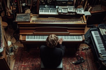 A top view of a musician playing an acoustic piano in a cluttered studio. Musical instruments surround. A creative space for inspiration and production. Generative AI