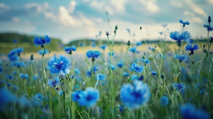 Blue Wildflowers in a Polish Field: A Stunning Display of Cornflowers and Rural Charm