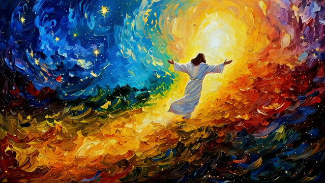 Jesus Christ on the sky background symbolizing ascension, resurrection, and transfiguration, new beautiful stock image illustration AI