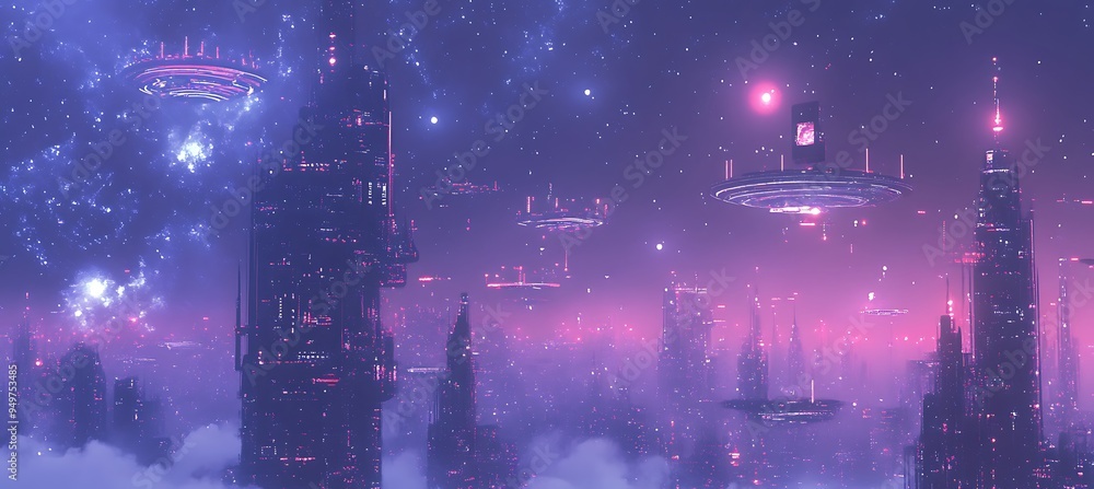 Poster a futuristic city with hovering digital platforms and advanced smart mobility systems.