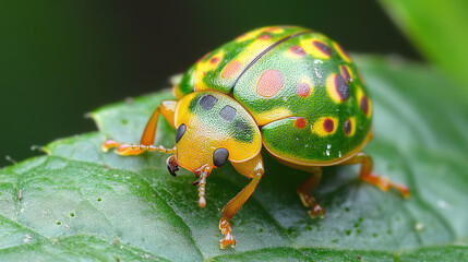 Fototapeta premium Detailed Illustration of a Tortoise Beetle, Showcasing Its Unique Shell-Like Structure and Intricate Patterns. The Design Captures the Distinctive Features and Natural Beauty of This Fascinating Insec
