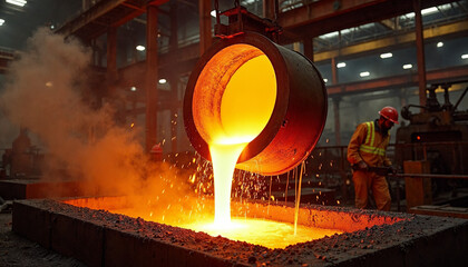 Molten steel is poured from a ladle into a mold, creating dramatic splashes in a busy industrial setting.