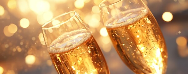 Two sparkling champagne glasses clinking together against a dreamy bokeh background, perfect for celebrations and toasting.