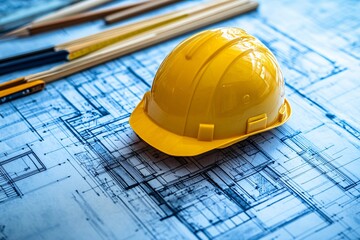A vibrant yellow hard hat rests on blueprints, symbolizing construction and project planning in the engineering industry.