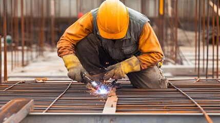 A construction worker welding metal bars at a construction site, showcasing skill and precision in industrial work.