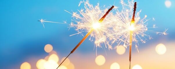 Two sparkling sparklers glowing against a blurred blue background, creating a festive and magical atmosphere for celebrations.