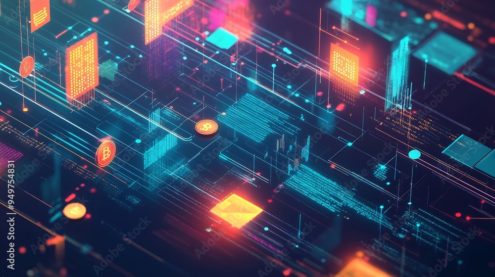 Poster illustration of cryptocurrency trading with digital coins and blockchain networks visualized
