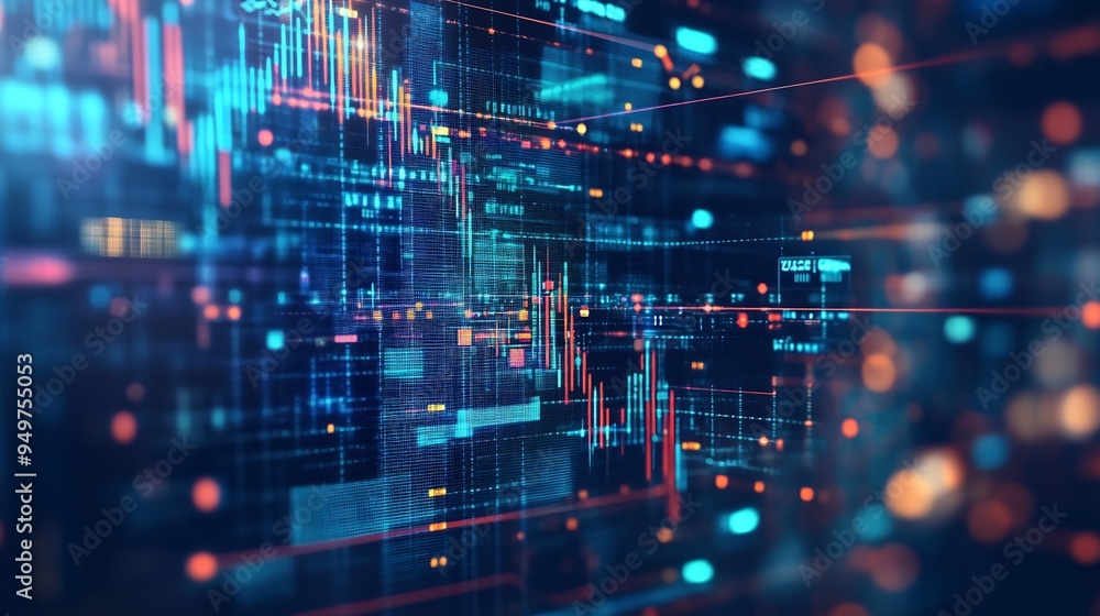 Poster illustration of cryptocurrency trading with digital coins and blockchain networks visualized