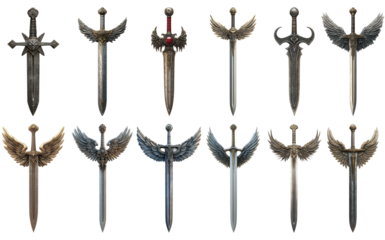 Antique swords and shields in different designs isolated on transparent background