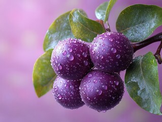 Enchanting 3D Rendering of Bright Jabuticaba with Water Droplets on Branch against Soft Pastel Green Background