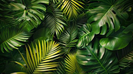 Naklejka premium Tropical palm leaves creating a lush green background