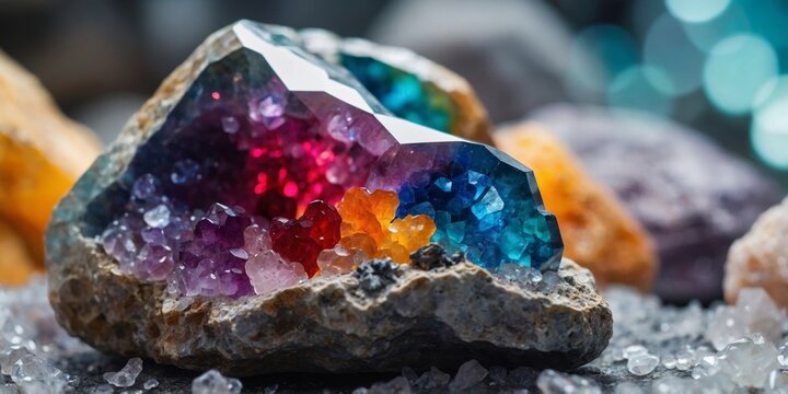 Close up of colorful geodes inside crystal rock.