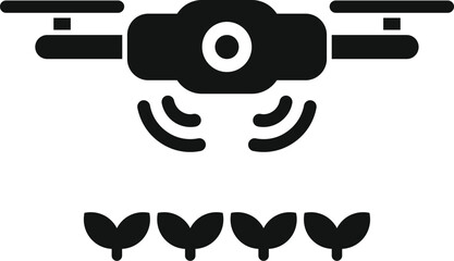 Smart farm drone monitoring crops icon in glyph style, suitable for farm technology icon sets