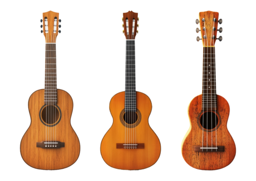 Three classical acoustic guitars isolated on transparent background - Powered by Adobe