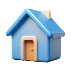 House with Roof: A simple 3D house icon with a triangular roof, square base, and a visible front door. The design should be minimalistic with clean lines