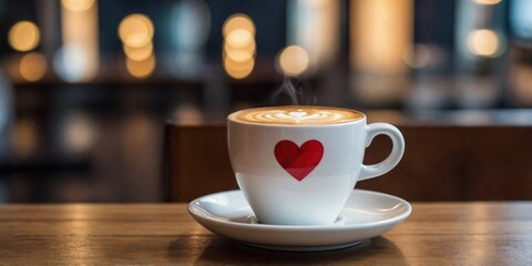 Obraz premium close up white coffee cup with heart shape latte art on wood tab.