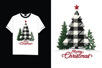 Naklejka premium Buffalo Plaid Christmas Trees with Merry Christmas Text vector t-shirt design