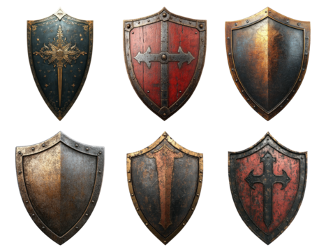 Five antique medieval shields with different emblems isolated on transparent background