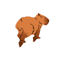 Amusing capibara walks back view. Cute furry capybara goes away, out. Adorable fluffy animal steps. Funny big rodent strolls. Flat isolated hand drawn vector illustration on white background