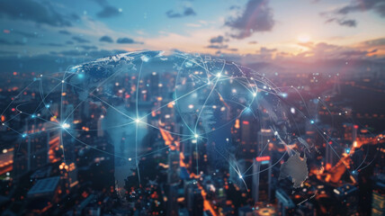 Obraz premium Interconnected Global Cloud Computing Network Bridging Digital Data Across Cities and Countries