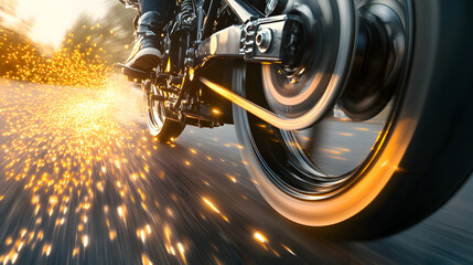 A detailed shot of a motorbike’s rear sprocket and chain, captured as the bike accelerates, with the motion creating a dynamic effect.


