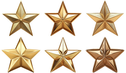 Six golden stars in various sizes and designs isolated on transparent background