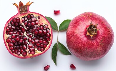 Pomegranate fruit with seeds and leaves on white background