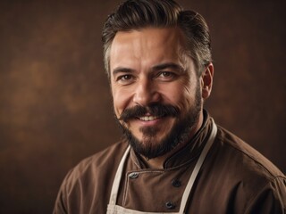 Obraz premium Happy chef with beard and mustache on brown background with copy space.